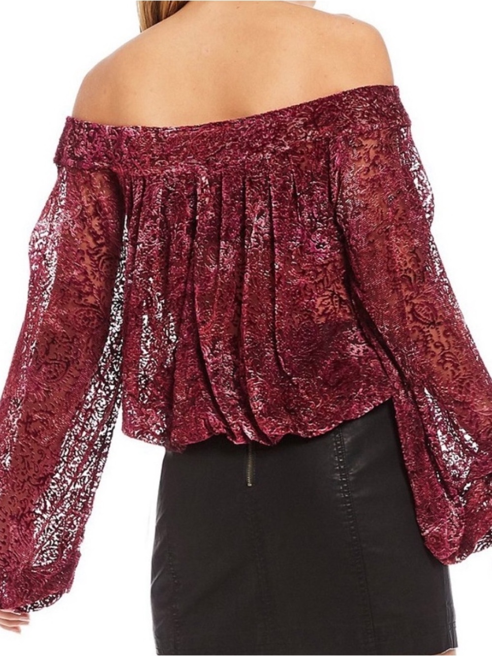 FREE PEOPLE Ginger Berry Velvet Burnout Off the Shoulder Sheer Boho Top Medium - Picture 2 of 8